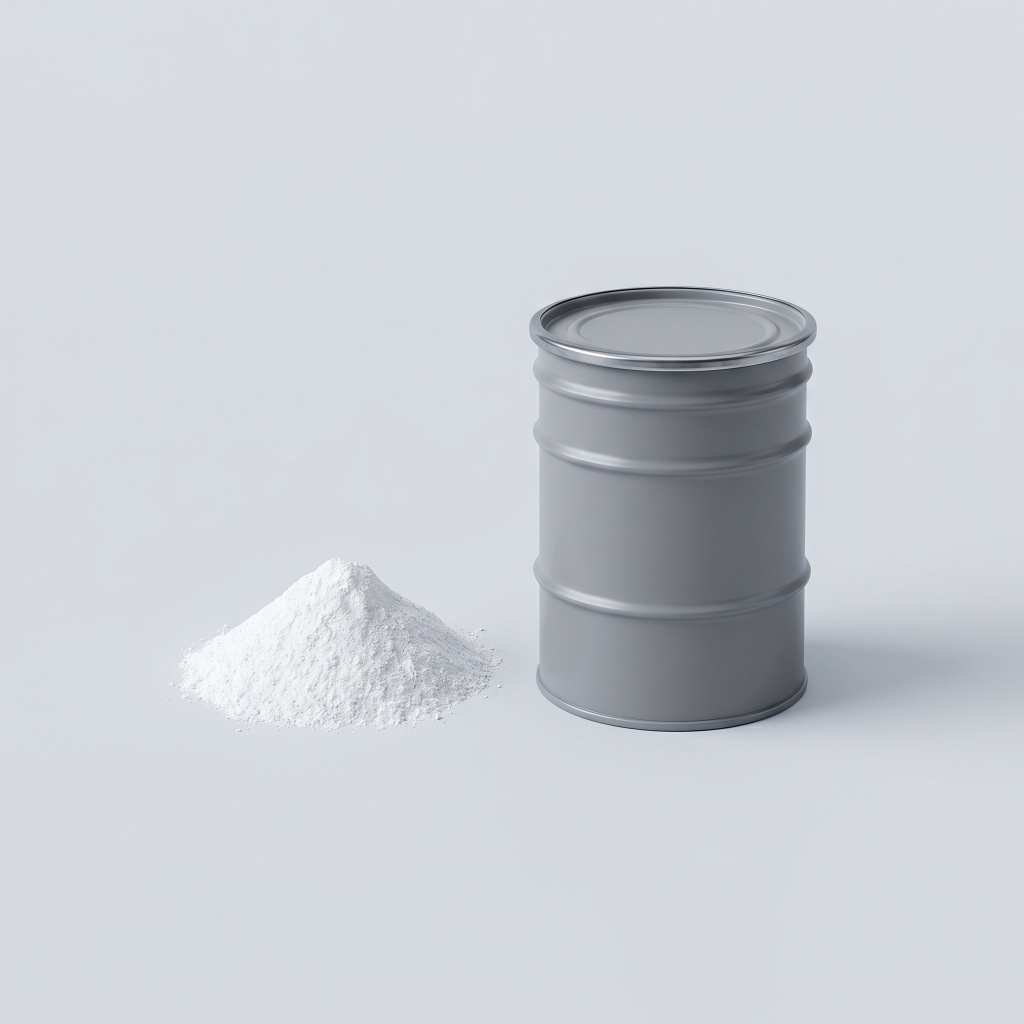 Industrial chemical drum beside a mound of white powder