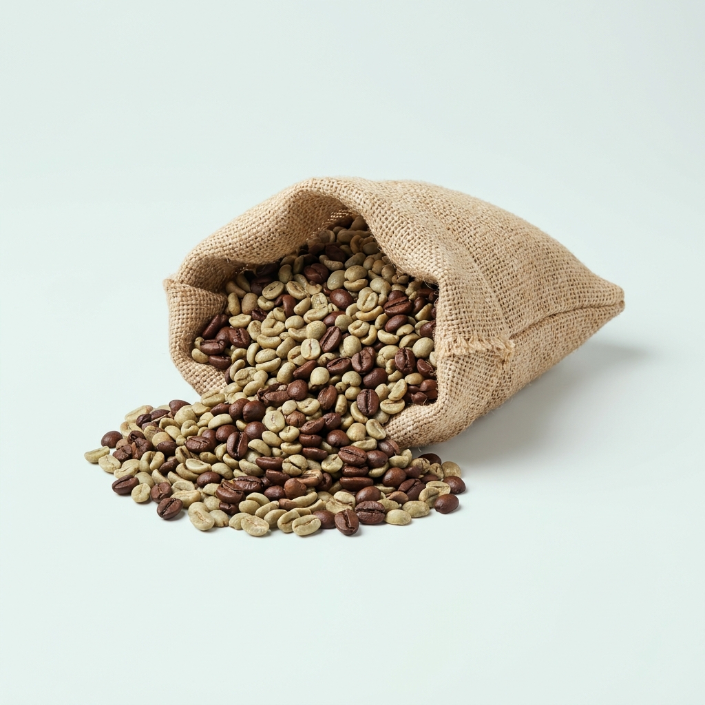 Green coffee beans spilling from a burlap sack